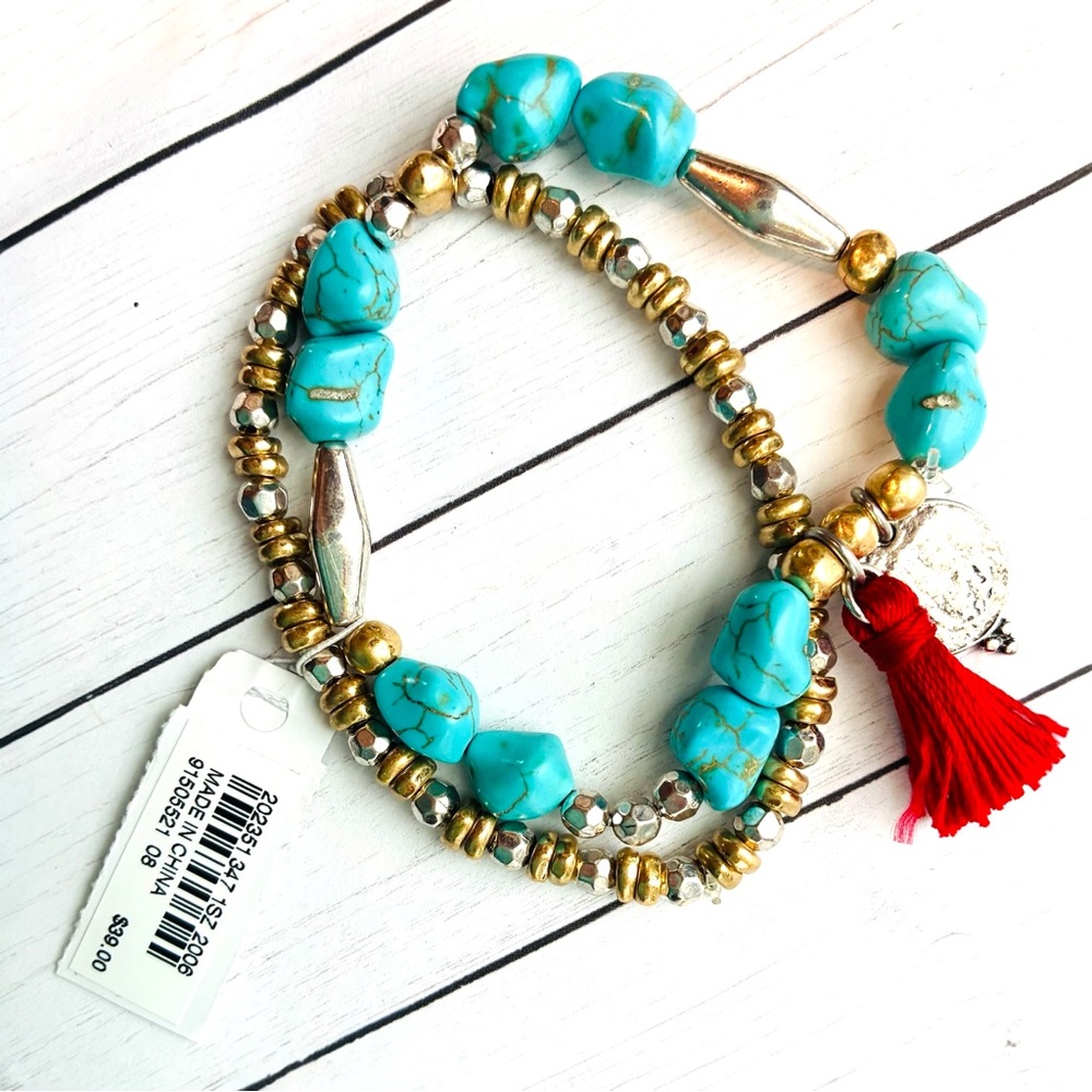 NEW NWT J. Jill Turquoise Bead Stretch Bracelet Set Red Tassel $39 Retail Tag - Picture 2 of 4